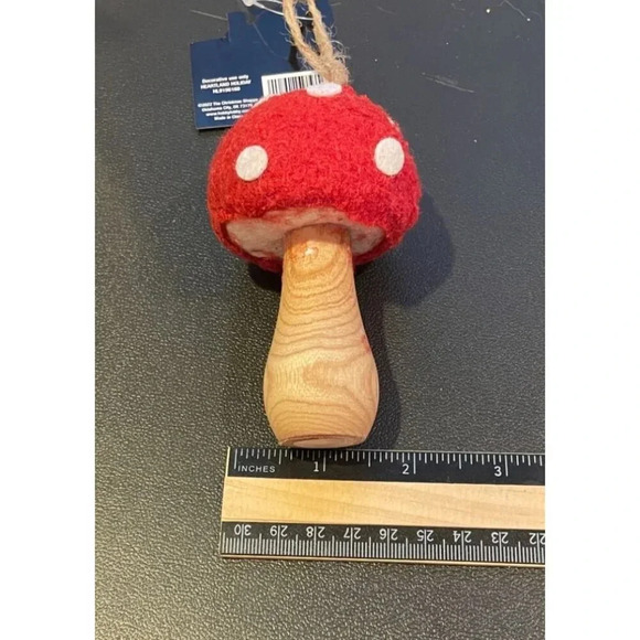 Red White Polka Dot Felt Wood Mushroom Toadstool Ornaments Christmas Set Of 2 #3 - Picture 5 of 5